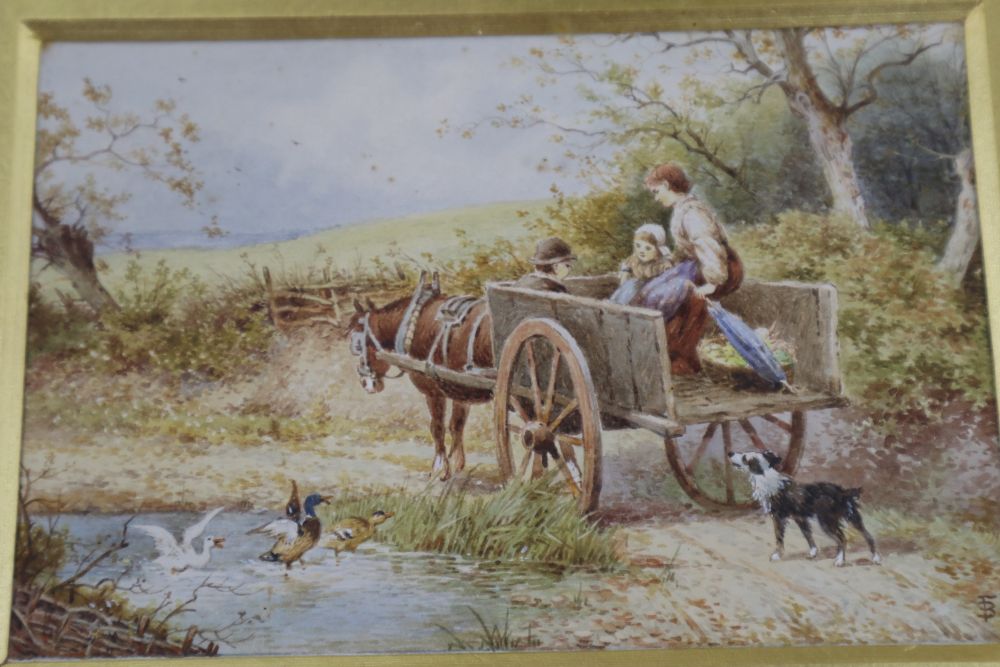 After Birket Foster, watercolour, Figures in a cart beside a duck pond, bears monogram, 10 x 15cm